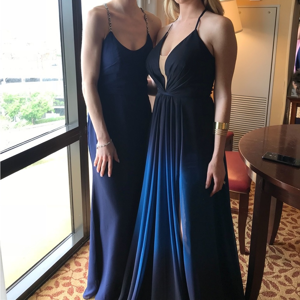 Betsy & Adam Black and Blue Halter Gown